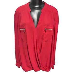 Size 24W INC International Concepts Womens Red Faux Wrap Blouse Shirt